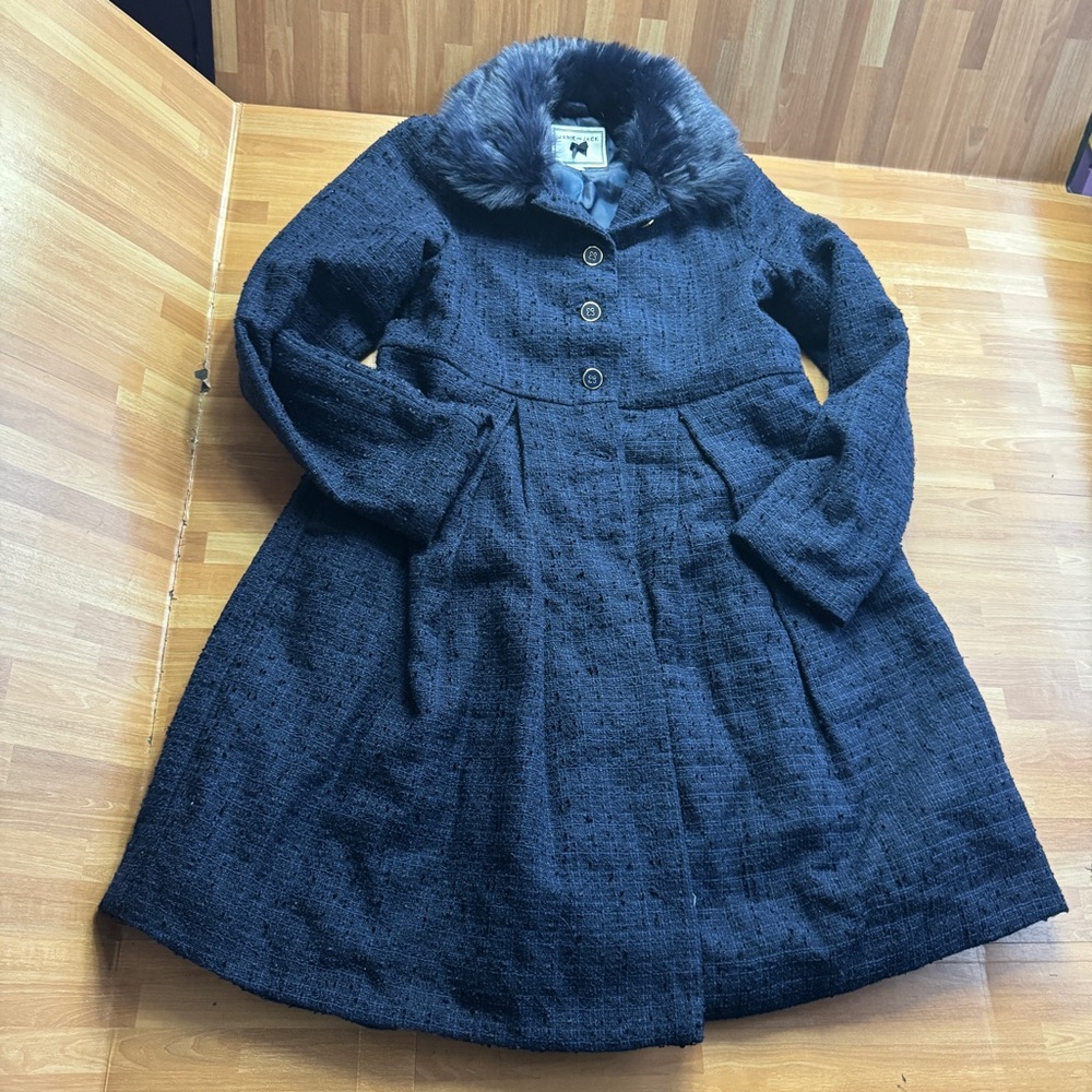 Janie & Jack navy blue fur collar boucle' dress coat size 8/10